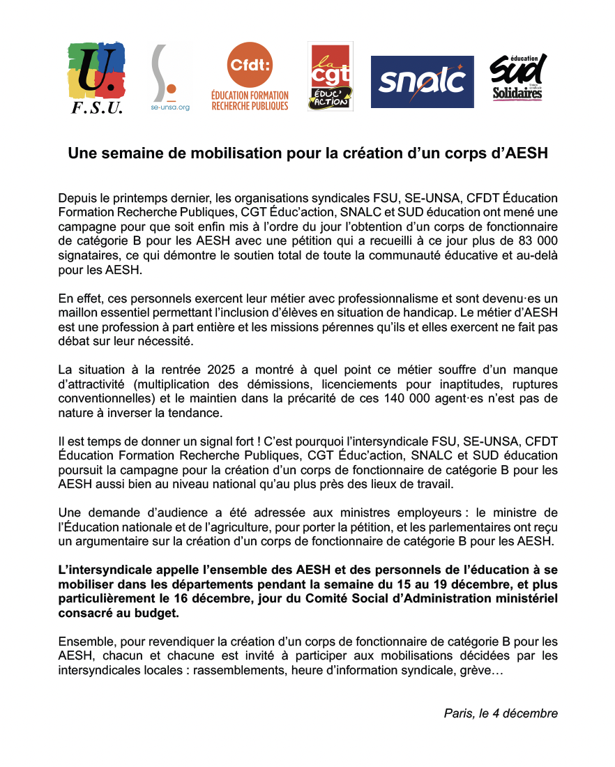Semaine de mobilisation pour la création d’un corps d’AESH